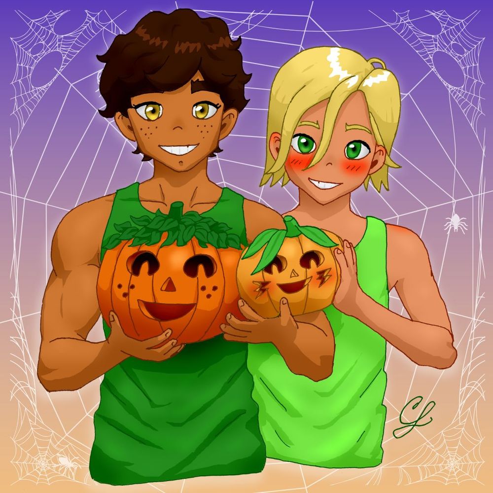 Two teen boys holding pumpkins with faces carved into them that match their own faces and hair styles.