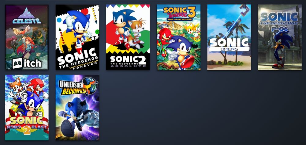 A cropped screenshot depicting a portion of my Steam library... namely some non-Steam games added through it, with custom library art. The list includes: Sonic Forever, Sonic 2 Absolute, Sonic 3 AIR, Sonic Omens, Project 06, Sonic Robo Blast 2, and Unleashed Recompiled... at the front of the list however, is an itch.io copy of Celeste