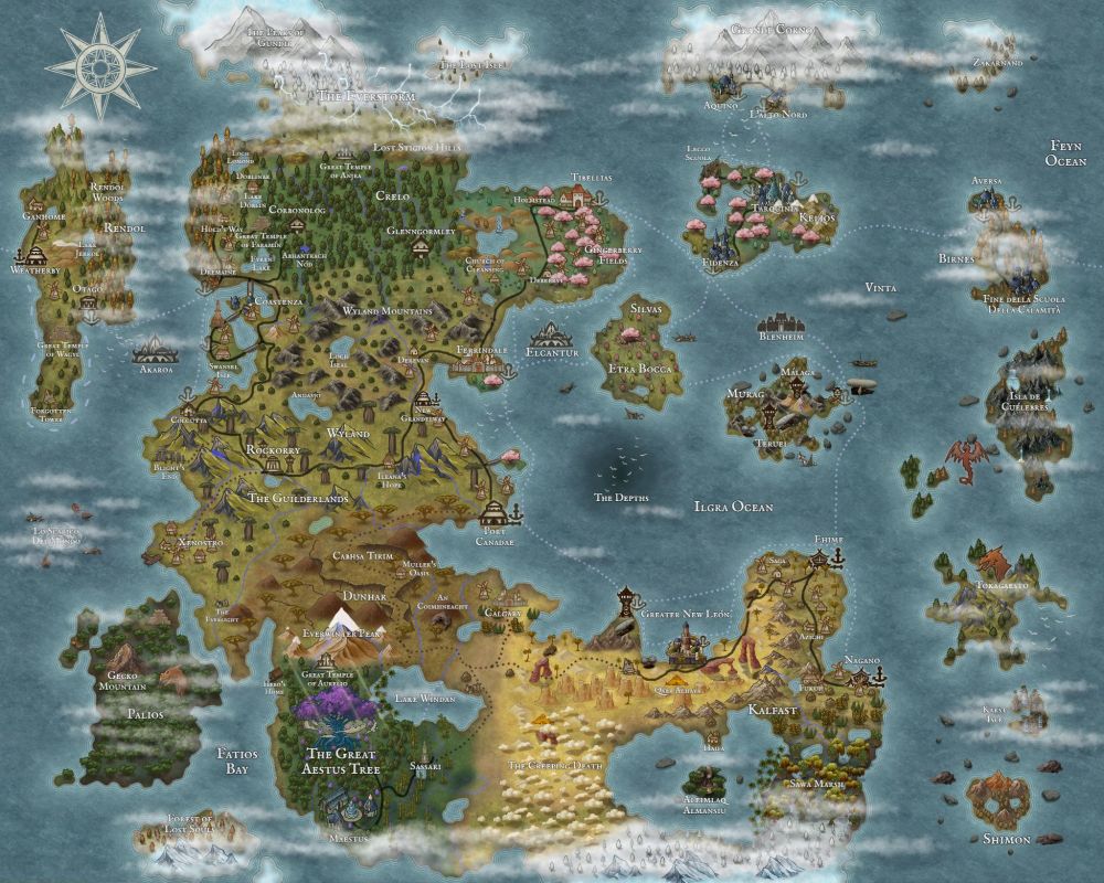 A world map of my homebrew setting, Etra. This is the third version of it, as I have plans for at least three different points in its history.