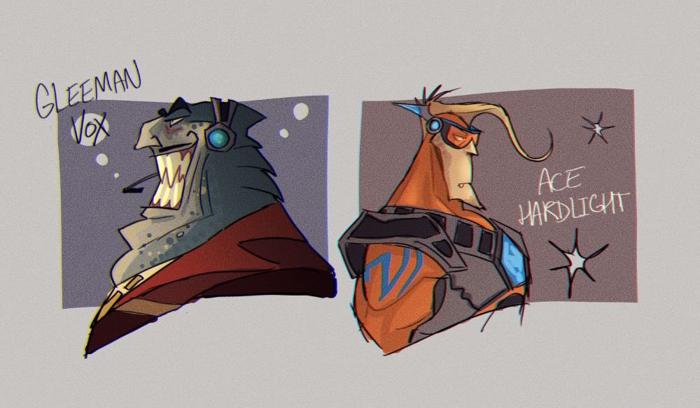 two profile bust drawings of characters from Dreadlock, Gleeman Vox, a large shark man TV host, and Ace Hardlight a very buff young male Alien with blonde hair wearing armour 