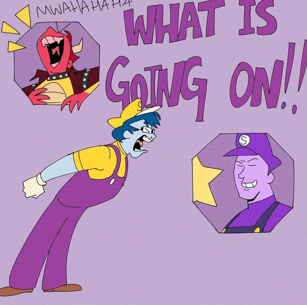 SungWon yelling "WHAT IS GOING ON" and has been drawn in a very cartoony style.
Elvis is evil laughing in the background and Steve is smiling with his Mario Party Star.
They are all dressed up as their Mario Party characters:
Elvis - Koopa Kid
SungWon - Wario
Steve - Waluigi