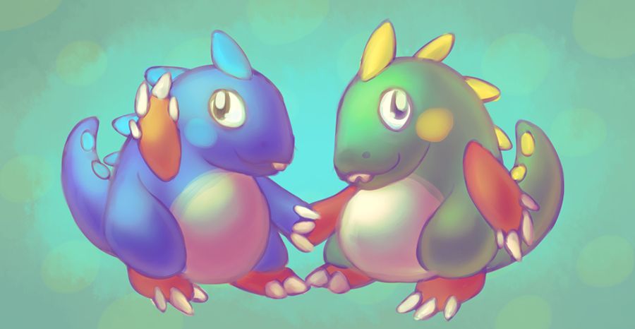 Bub and Bob, two cutesy dragons with bright blue and green colors. They both have spikes along their backs, thick tails, and red talons and feet. They're happily looking at the viewer