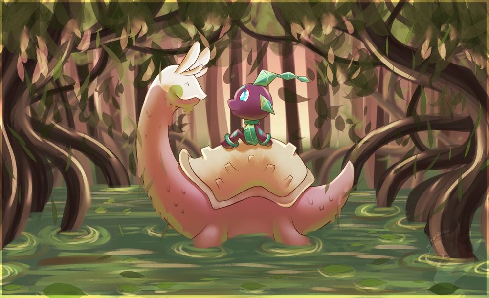 Two Pokémon in a mangrove swamp scene; one is ferrying the other on their back. Many mangrove trees surround them, with leaves falling into the water. 
