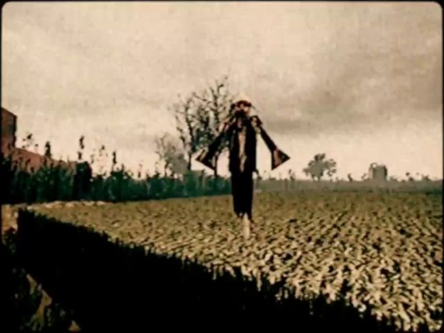 a scarecrow is standing in the middle of a field with trees in the background