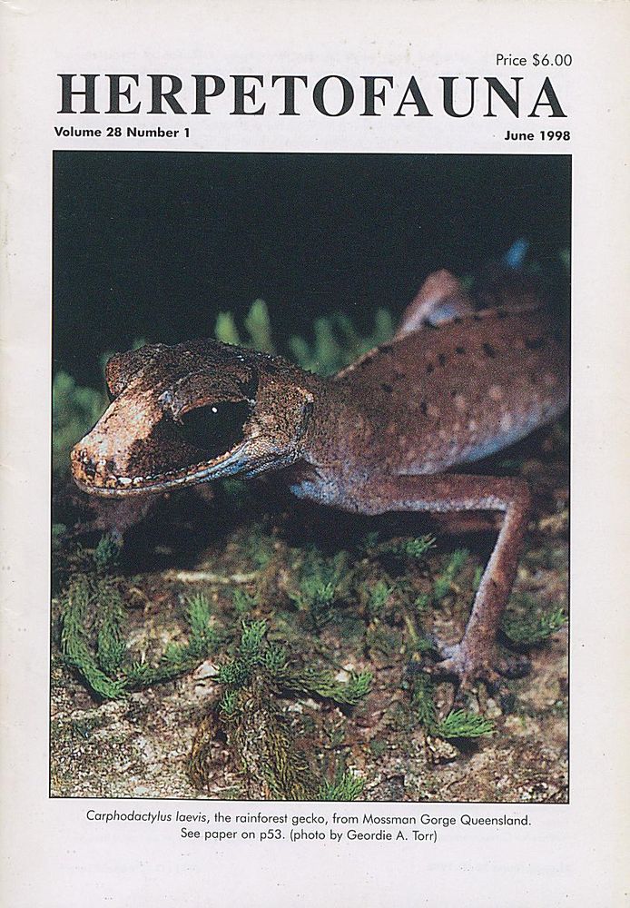 The front cover of a journal (Herpetofauna), featuring a brown gecko (a rainforest gecko) on a mossy rock. 