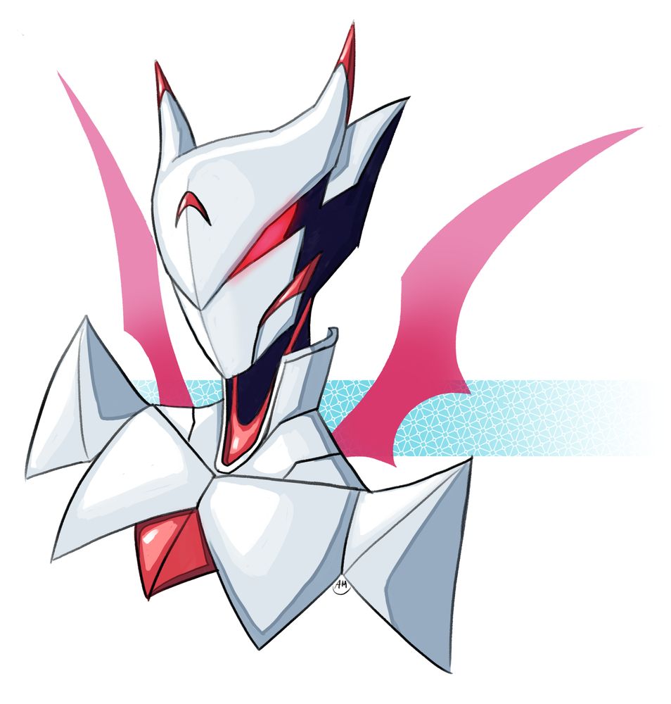 a bust of a white robot with red details, he has horns, pointy shoulders and holographic red demon wings