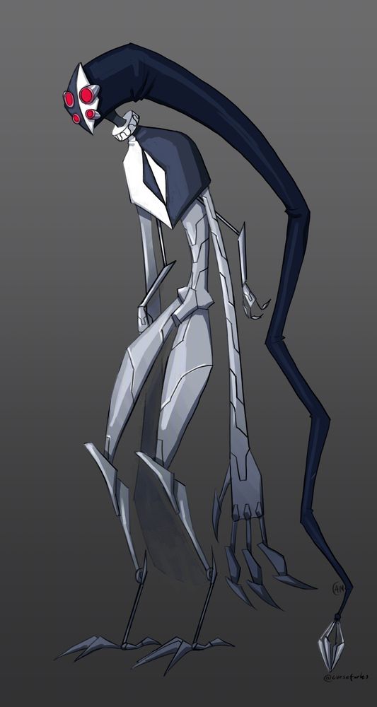 a tall jester like robot with four red eyes and a diamond motif.