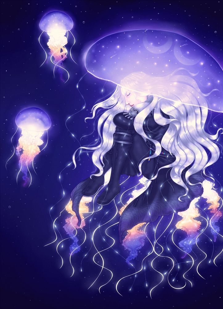 an illustration of sephiroth from ff7, who's deep into the ocean, in his dissidia clothes, accompanied by two jellyfish.

he's also a jellyfish. i love jellyfish...