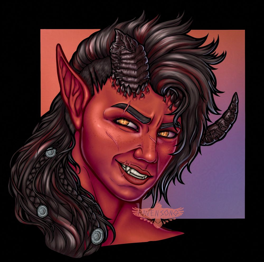 Fanart portrait Karlach from Baldurs Gate 3, a red tiefling with one broken horn and wild, black and red hair. 