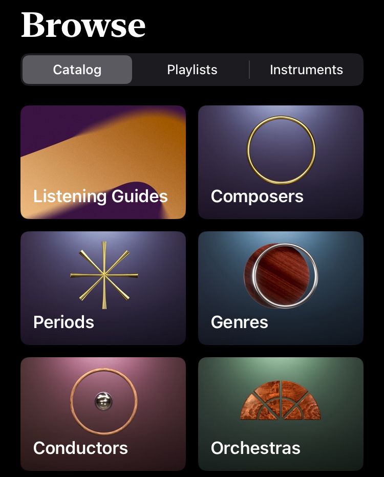 Screenshot from Apple classical app showing ability to browse by listening guides, composers, periods, genres, orchestras