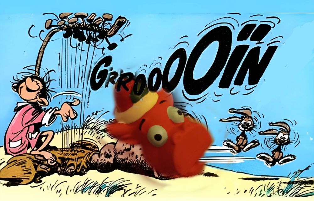 Dessin représentant Gaston Lagaffe et son célèbre gaffophone, dont l'embouchure éjecte des lapins quand il en frotte les cordes. À la place de l'embouchure habituelle, c'est la tête de mon cochon rouge de Noël avec ses yeux exorbités, et le son produit n'est plus "TRRAOOOÏNG" mais "GRROOOOÏN"