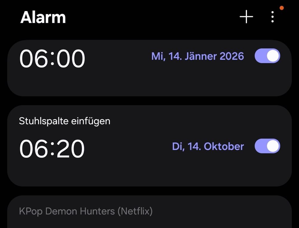 Wecker für morgen 6:20 mit Titel "Stuhlspalte einfügen"