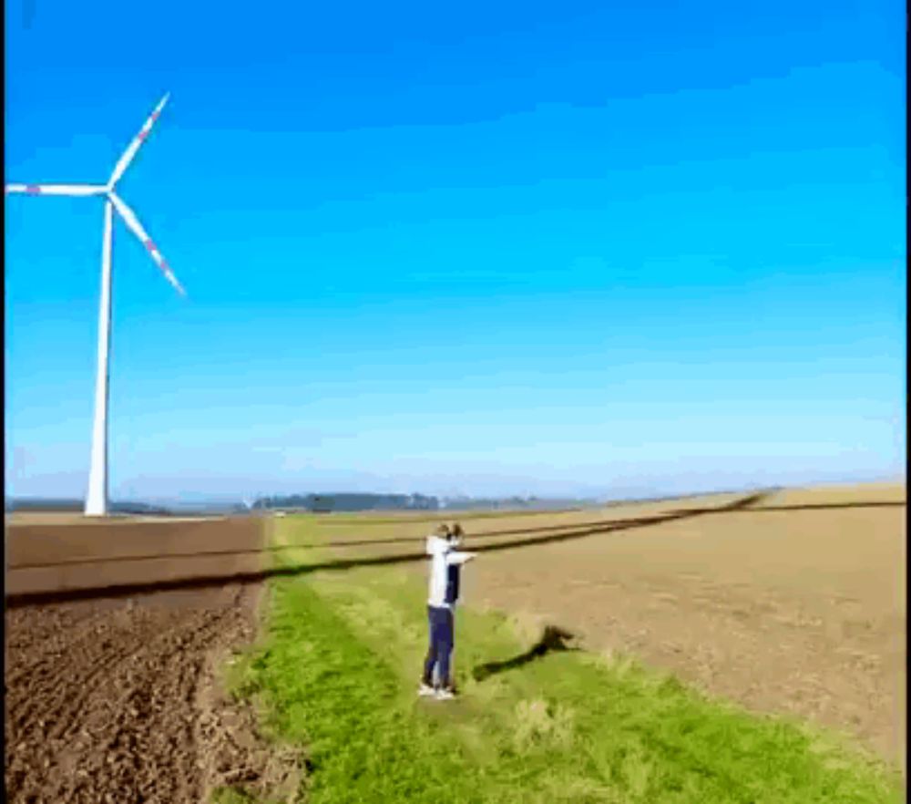 a person is standing in a field with a wind turbine in the background