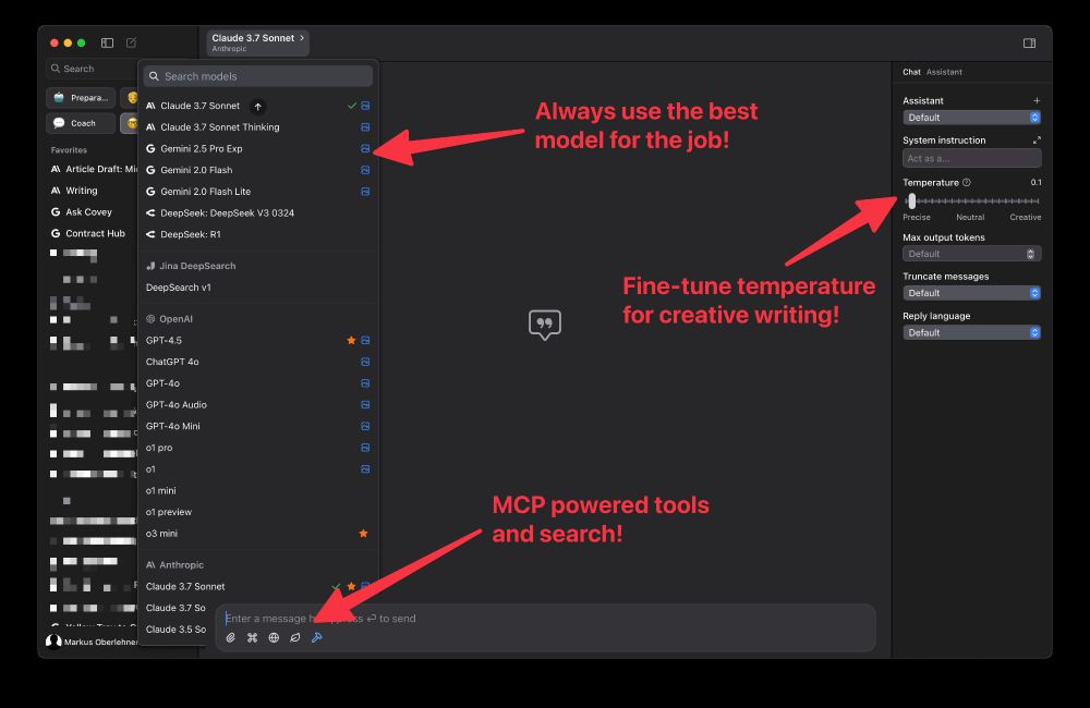 Always use the best model for the job! With ChatWise you're not tight to a single provider. It also enables you to fine-tune the LLM temperature setting for creative writing. And it offers MCP powered tool use and integrates search.