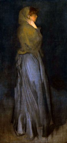 "Arrangement in Yellow and Grey" by James McNeill Whistler features a solitary figure draped in flowing robes, embodying Whistler's signature style of harmonizing color and form. The painting's subdued tones and gentle play of light exemplify Whistler's innovative approach to composition and mood.