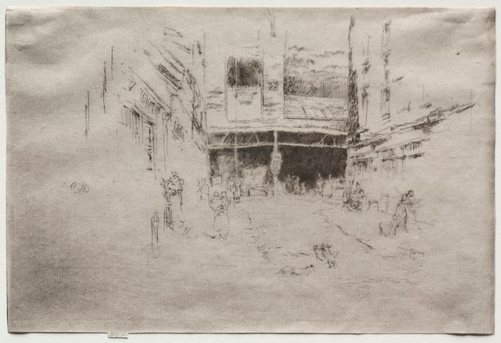 "Clothes Exchange, No. 1" by James McNeill Whistler captures a bustling scene with individuals engaged in commerce amidst an architectural backdrop. Whistler's use of etching emphasizes intricate line work and atmospheric effects, reflecting his innovative approach to capturing urban life in the 19th century.