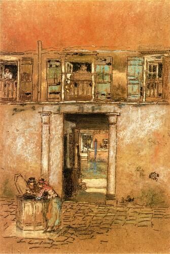 "Courtyard and Canal" by James McNeill Whistler depicts a serene Venetian scene with architectural details accentuated by subtle bursts of color. Whistler's characteristic use of tone and texture evokes a tranquil atmosphere, illustrating his fascination with the interplay of light and space.