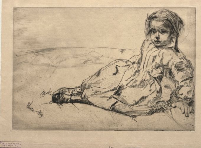 This artwork, "Bibi Valentin," is an etching by James McNeill Whistler, showcasing his mastery of line and texture. The portrait captures a young child in a casual pose, highlighting Whistler's sensitivity to mood and expression.