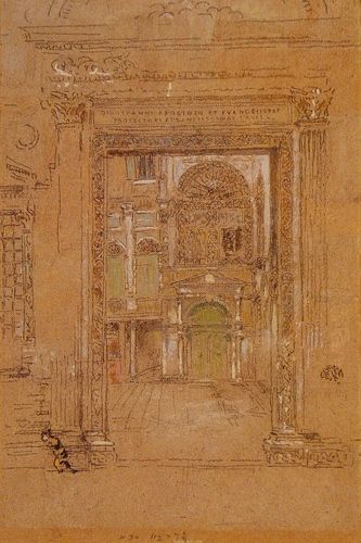 This architectural study by James McNeill Whistler portrays an elaborate doorway leading into a richly decorated interior, likely representing the spirit of St. John's abode. Whistler’s subtle use of color and detail elegantly captures the essence of a sacred and historical structure.