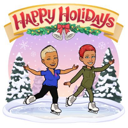 Happy Holidays cartoon of Cristina and her wife kate ice skating surrounded by Christmas trees covered in snow 