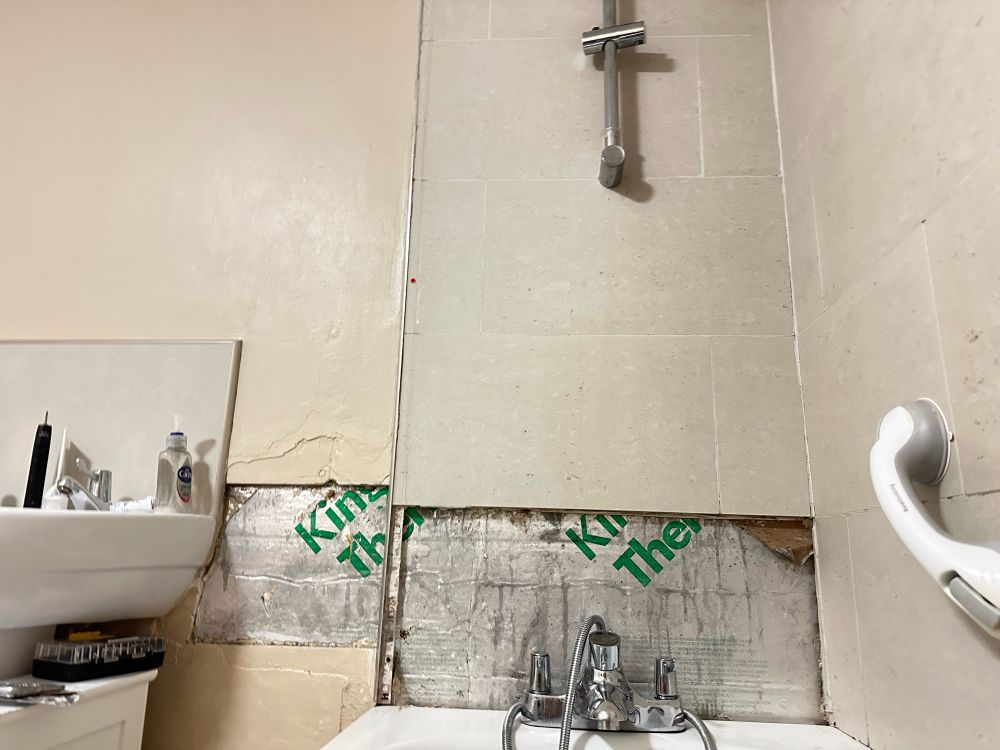I went from removing a little damp plaster to removing the two tiles where the grout was cracked and the shower screen. Looks simple but it’s taken 4 weeks and others help to dry it out, scrape out old silicon, remove old plaster etc whilst killing off mould (I have asthma hence the mask)