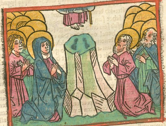 A 1476 woodcut from Augsburg depicting the Ascension of Christ with Jesus leaving behind two footprints.