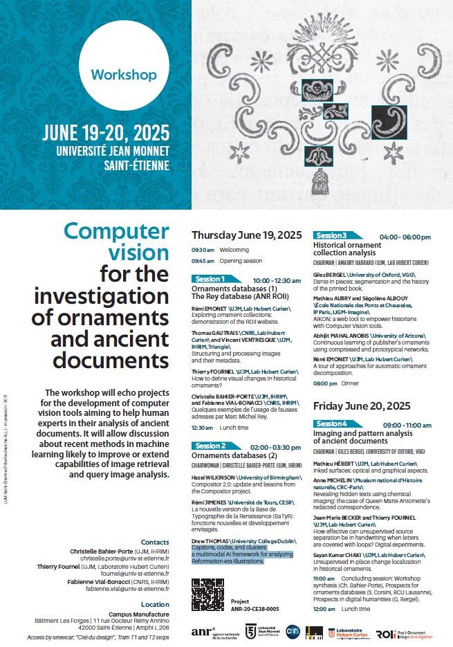 Program for "Computer Vision for the investigation of ornaments and ancient documents" at the Jean Monnet University in Saint-Etienne, France, June 19-20, 2025.