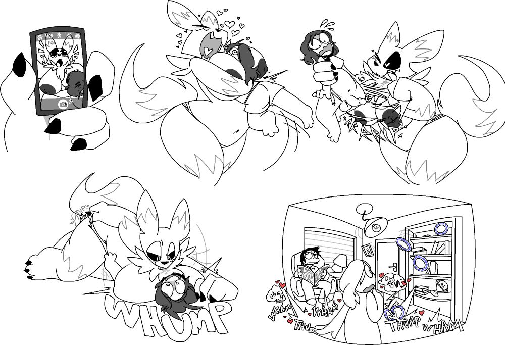 Renamon takes hold of Silver's phone as he buries himself face-first in her breast, and in the phone's camera she finally gets a good look at what became of her. She's absolutely overjoyed, sweeping her beloved human off of his feet and into a warm, soft, jiggly embrace... before IMMEDIATELY ripping his clothes to shreds, snapping the tiny little string that is all that remains of her underwear, slams herself down on top of him... and lavishes him in some foundation-shaking loving <3

The neighbors aren't too thrilled about the whole situation.