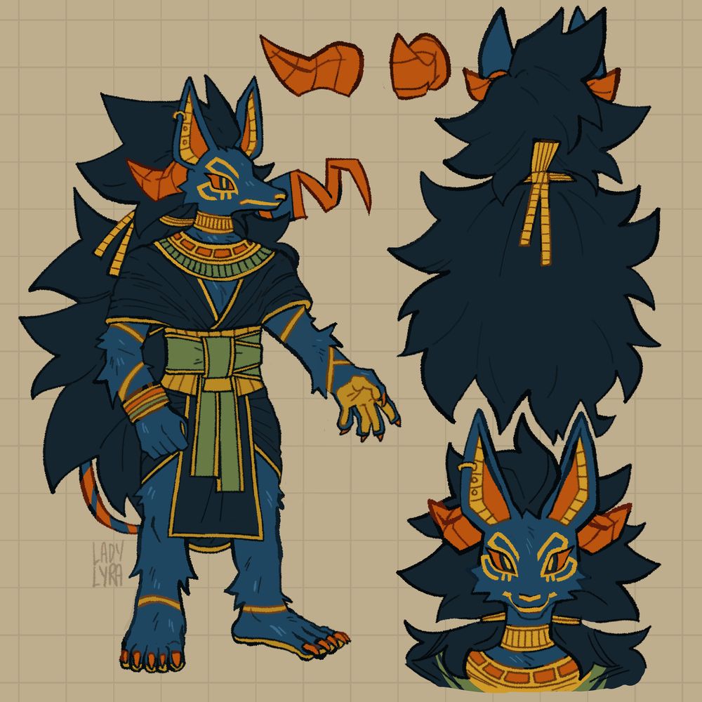  reference of an oc, kokumo (they/them), the child of anubis and a painted-dog demon, enitan. raised in the spirit world, they would eventually move, alone, to the underworld, to learn more about their demonic roots that their mother seldom spoke of. with them they brought the mortician traditions of their father, but would eventually find themselves more of a historian and scholar, studying mass outbreaks, demonic diseases, death, and war. 


kokumo is a teal, jackal-like demon. they have a resemblance to anubis. they have a long mane of dark teal hair, tied loosely back with a yellow ribbon. their horns are orange and bent backward, emerging from the space behind their ears. they are wearing a tea tunic with gold linings, secured by a gold waist wrap and green and gold sash. their claws are orange and their palms are gold. bands of gold are present on their fur on each of their arms around their ankle. they have golden lining around their eyes, mouth, and bottom of their nose. they wear a broad gold necklace on their neck and broad collar over their shoulders in gold, orange, and green. they have a gold, orange, and green bracelet on their right hand. their tail is coiled and ends in a point, striped orange and teal. they have three golden piercings in their right ear. the insides of their ears are banded orange and gold. 