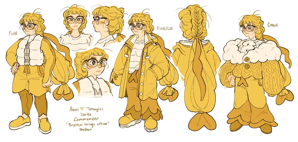 a reference of a character, aimi (she/her), inspired by the stretchy form of the pokemon tatsugiri. aimi is a short, stocky young woman with pale skin and long blond hair, tied in one ribbon at the base of her neck and another in a fin-like bow near the end of her hair. it begins as a fishtail braid but descends into a ponytail after the first ribbon. she has an almost permanent scowl and large, black-rimmed glasses. the reference has three different outfit references: a field outfit, where she is often out in the water, where she has a long-sleeved wetsuit, shorts, and white, puffy life vest on. a lab/field outfit consisting of an oversized yellow raincoat, white t-shirt with a scalloped pattern, and sweatpants with scalloped ends. the third outfit is her casual outfit, where she wears an off-the-shoulder sweater which has a puffy white collar. she is also wearing sweatpants in this outfit. her in-game traits are seen as "docile", and "scatters things often".