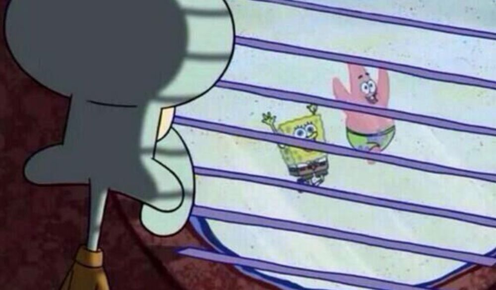 Squidward looking longingly at others frolicking outside 