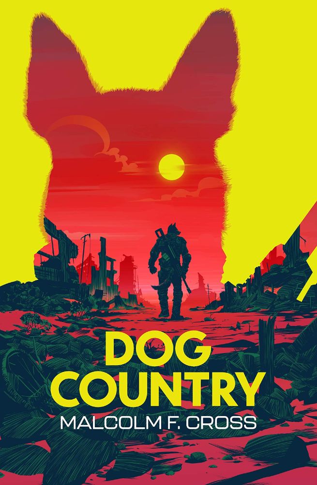 Cubierta del libro. En un fondo amarillo, la silueta de un perro y dentro de la siluenta, una ciudad devastada por guerra con un perro anthropomofico en el medio. La escena tiene un tinte rojo, y el ojo del perro de la silueta sirve como el "sol" de la ciudad.