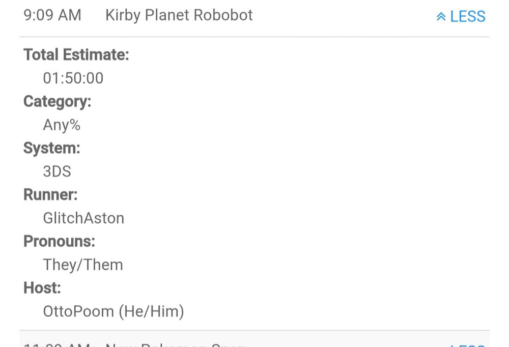 Fastest Furs schedule for GlitchAston's Kirby Planet Robobot speedrun, showing OttoPoom as host.