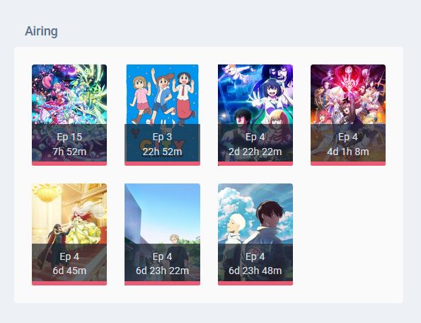 Captura de pantalla de la seccion de AniList donde muestra las series que estas viendo y que actualmente estan en transmision, cuantos capitulos van, y cuando sale el siguiente episodio.