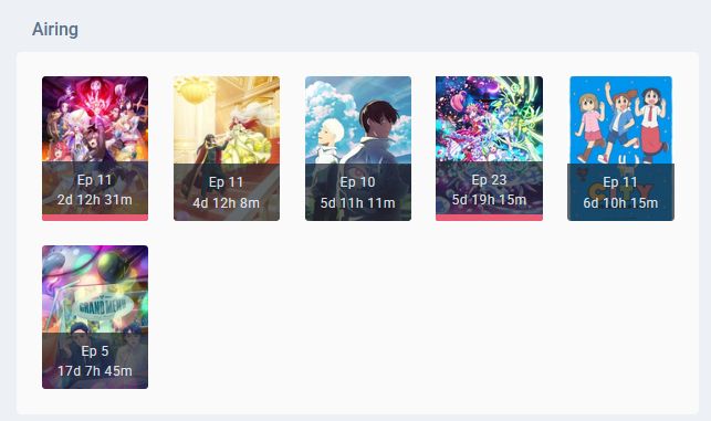 Mis series en anilist que estoy viendo esta temporada. 4 de ellas (Bethroted to my Sister's Ex, The Summer Hikaru Died, City the Animation, y Let's Go Karaoke) se muestran al corriente, mientras que otras 2 (New Saga y Princession Orchestra) se muestran como que aun me faltan capitulos.