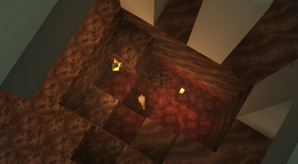 Minecraft: digged hole showing a deposit of suspicious netherite under a soulsand valley fossil