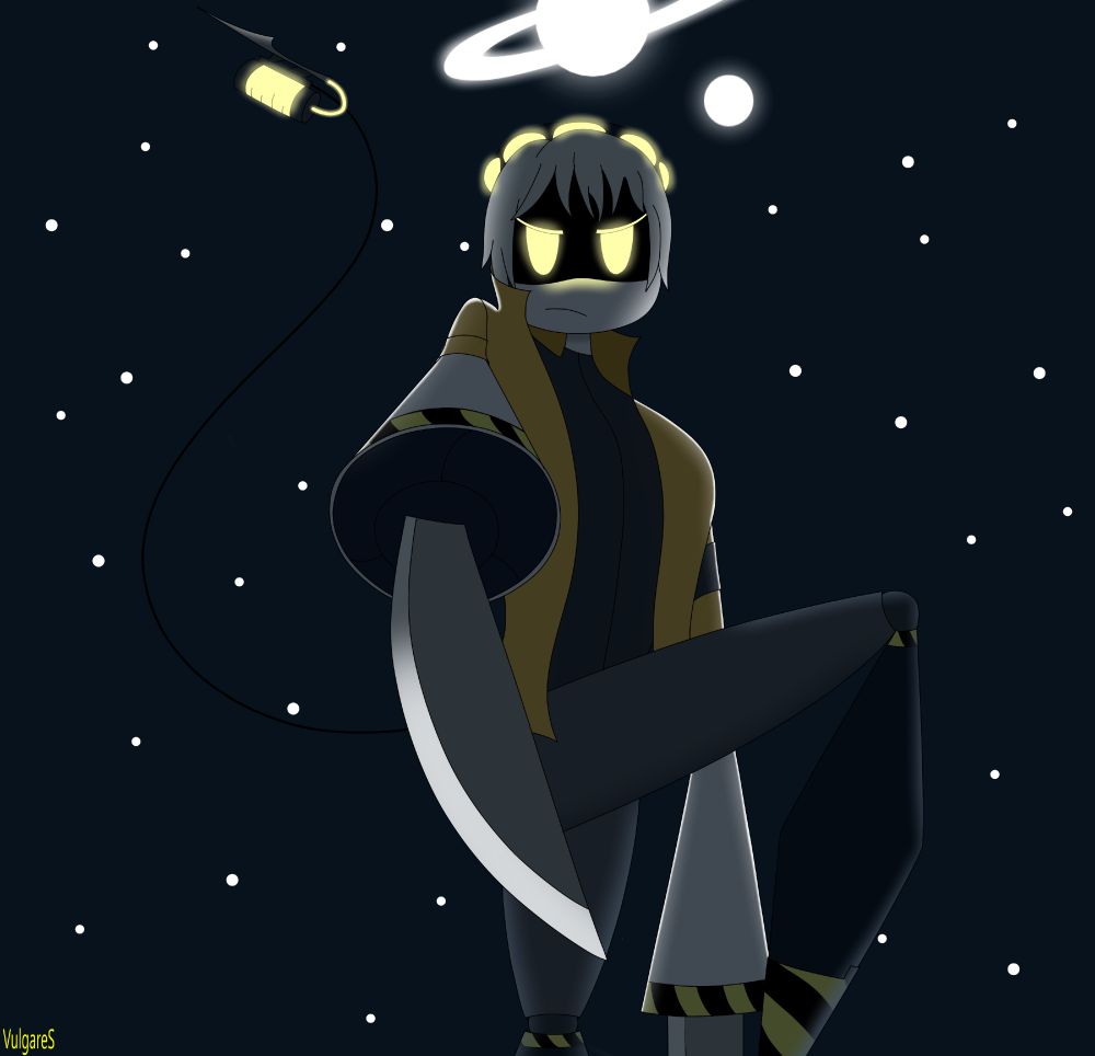 Serial Designation C-2 looking down on someone with an angry expression while pointing her blade at them.