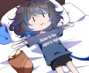 Stux laying on a bed with his arms and legs straight out and a bag of hips. His shirt says “hacker by day, dogboi by night”