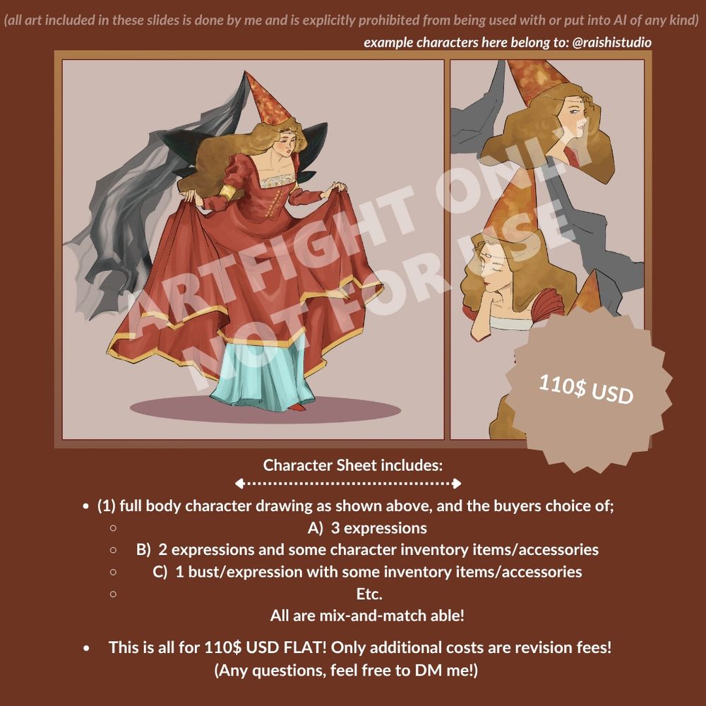 A character sheet listed for commission options