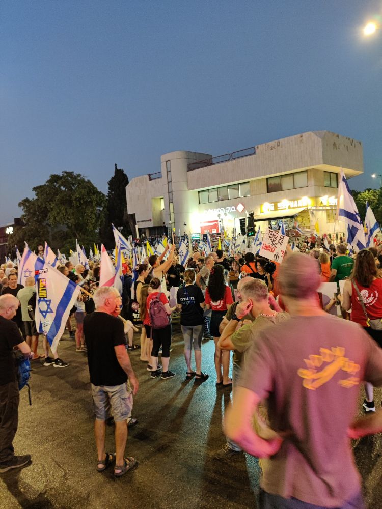 מפגינים בצומת הדמוקרטיה בנס-ציונה