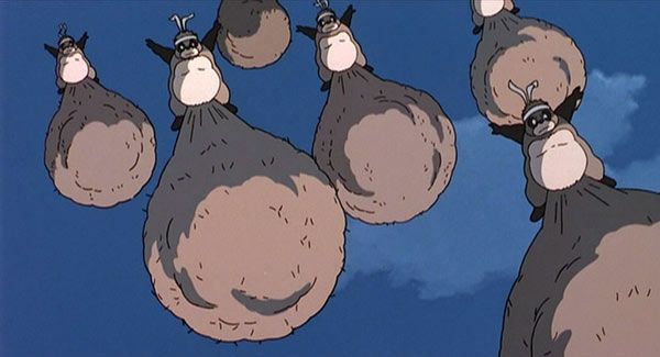 A scene from the movie 'Pom Poko'. The tanuki are falling from the sky with massively enlarged scrotal sacks as a means of attack 