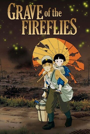 Movie poster for 'Grave of the Fireflies'. Features a young boy carrying his little sister through war-torn Japan.