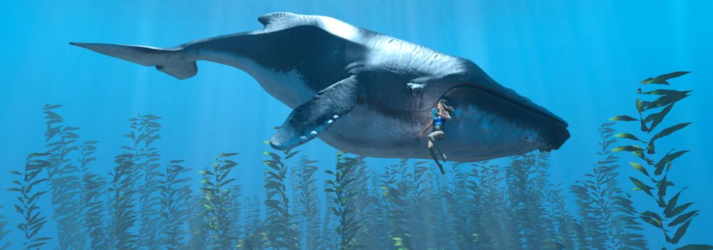 A teenaged girl and a just-past-teenaged whale (both wizards) float in blue water. One of them is showing the other some amusing reading on her iPad.