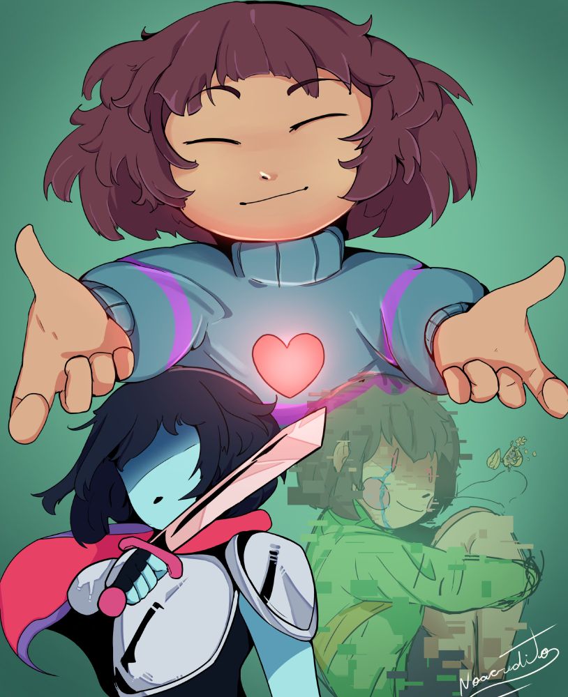 Frisk on top of Kris and Chara extending their arms with its soul in the middle emiting a faint glow