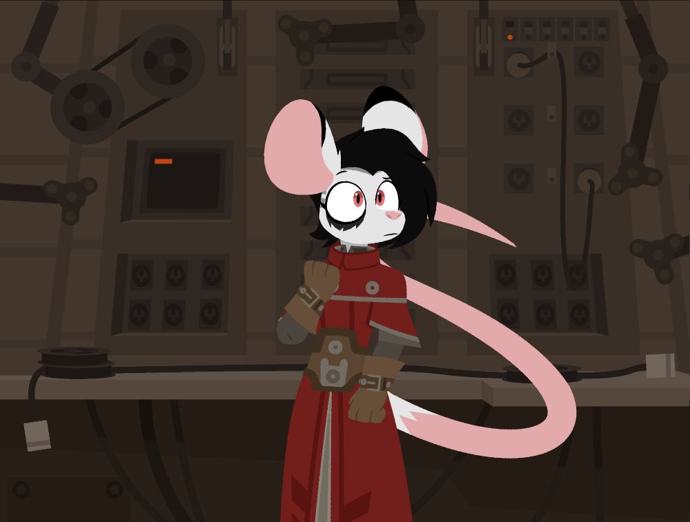 A single panel post featuring Scribe Edward (a black, white and pink mouse with a red Brotherhood of Steel scribe robe on).

Eddy is not always depicted as a mouse and can change their species.