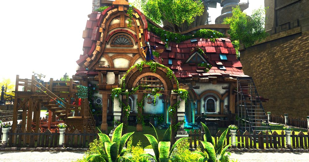Miqote standing on a the gate arch of her medium plot with the country cottage on it