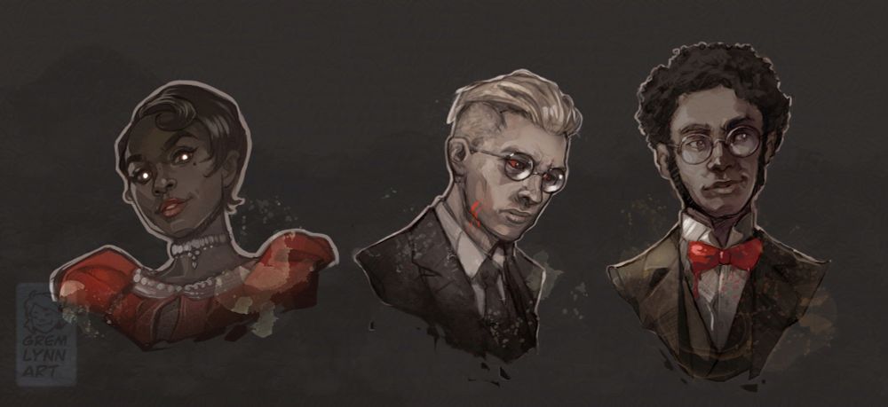 Three greyscale shoulder up vampires illustrations on a dark background. First figure is a black woman with short early 1900s style hair wearing a fancy red dress. She has glowing eye and a smiling imperious expression.
2nd figure is a gaunt white man with slicked back side shaved blonde hair looking down to the right with a dour expression. He has round glasses with a nice but worn suit.  There are bright red accents in his eyes and a small claw scar on his right jaw.
3rd figure is a black man with round glasses, a short Afro with mutton chops, round glasses and a curious smirk. He wears a fancy double breasted suit with a bright red bow tie.