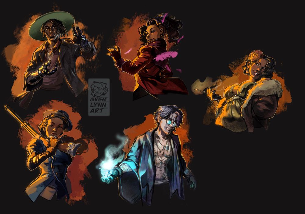 Four half body illustrations on back background
1- dark skinned man wearing a wide brim hat and coat casting a spell
2- tan skinned woman with a ponytail wearing a red jacket with her back to the camera
3- Dark skinned woman with short curly hair wearing a fancy flapper dress and a big fur coat
4- tan skinned woman wearing a small flat brimmed hat with a rifle slung on her shoulder
5- shirtless light skinned man wearing glasses and a cloak casting a spell