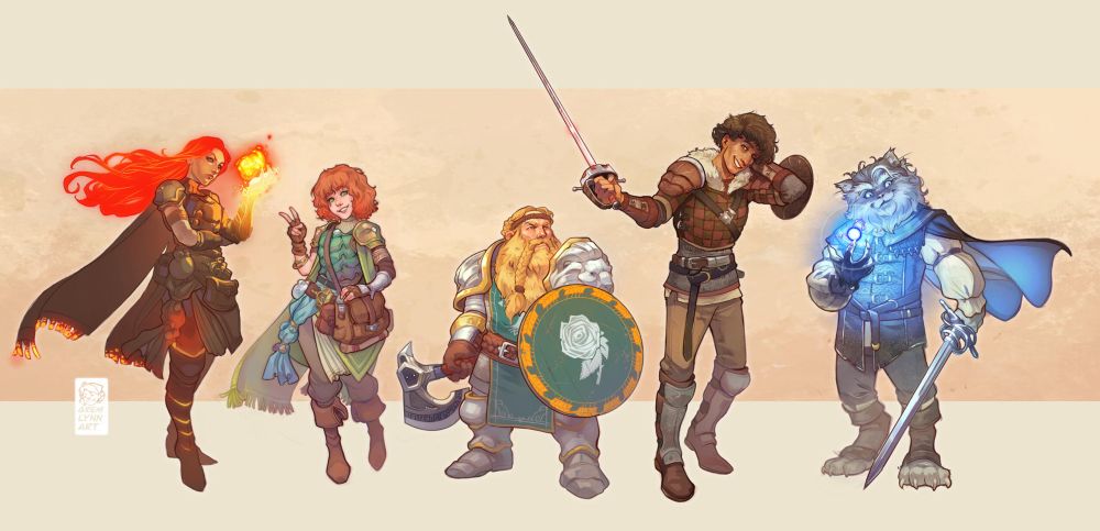 Group shot of a fantasy party
A woman with fire-y hair holding a fireball, a short smiling woman with curly hair wearing Druidic clothes and a bag holding up hand in greeting, a stoic male dwarf in shiny armor holing axes and a green and yellow shield, a young tall man with curly hair and leather armor sheepishly holding up a rapier, a male furry grey Tabaxi wearing a dueling outfit holding a rapier and casing a magic orb spell.