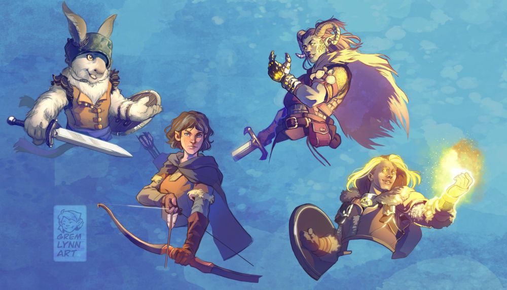 Four half body illustrations in cool blue and yellow tones 
1 - bunny person with sword and shield wearing a literal pot as a helm
2- Female elf with curly brown hair holding a readied bow and arrow
3- Female tiefling holding gauntleted left hand up while holding a sword in the right
4- male Aasimar with glowing gold hair and eyes casting a spell

